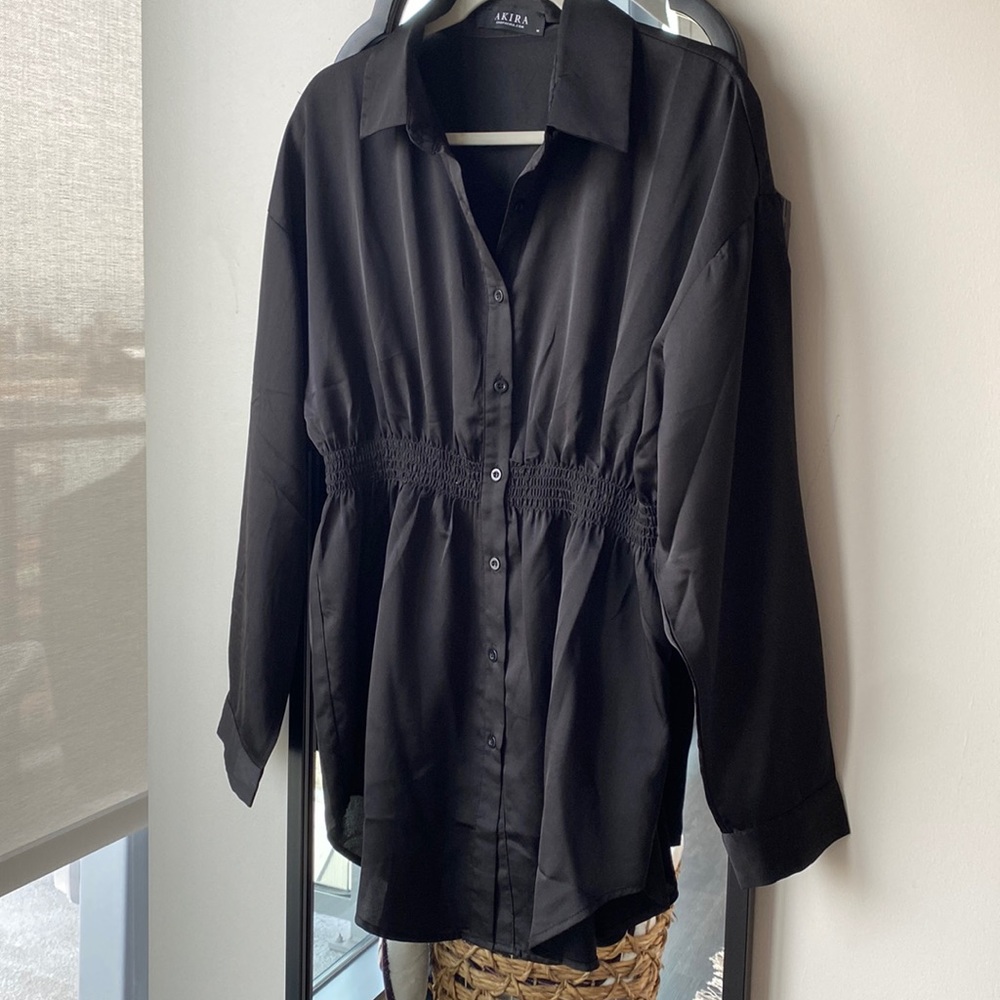 Black silk button up Mini Dress